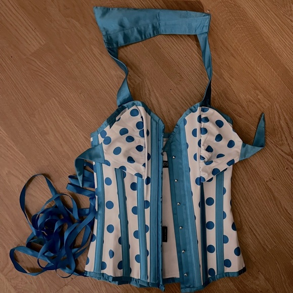 Corset Story | UNIQUE Steel-Boned Cyan Polkadot Halter Overbust Corset, US4, NWT - Picture 2 of 16